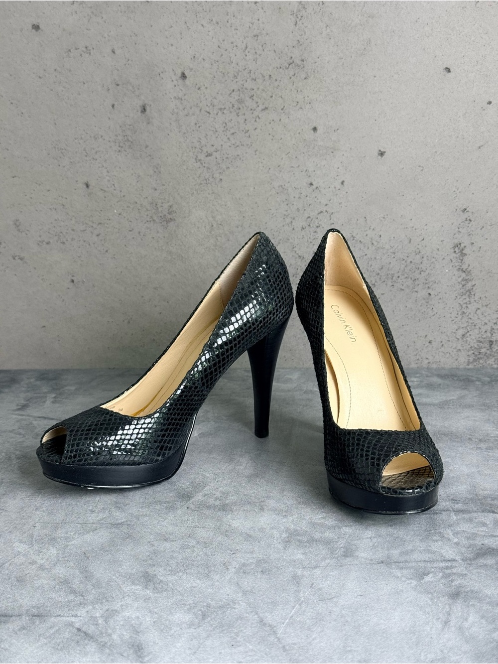 Calvin Klein Black Faux-Snakeskin Peep-Toe High Heels